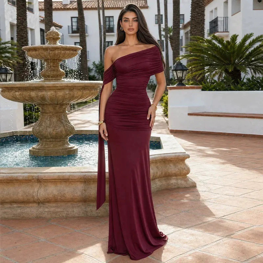 ZARA Elegant French Off Shoulder Draped Mermaid Gown Pleated Waist Slimming Long